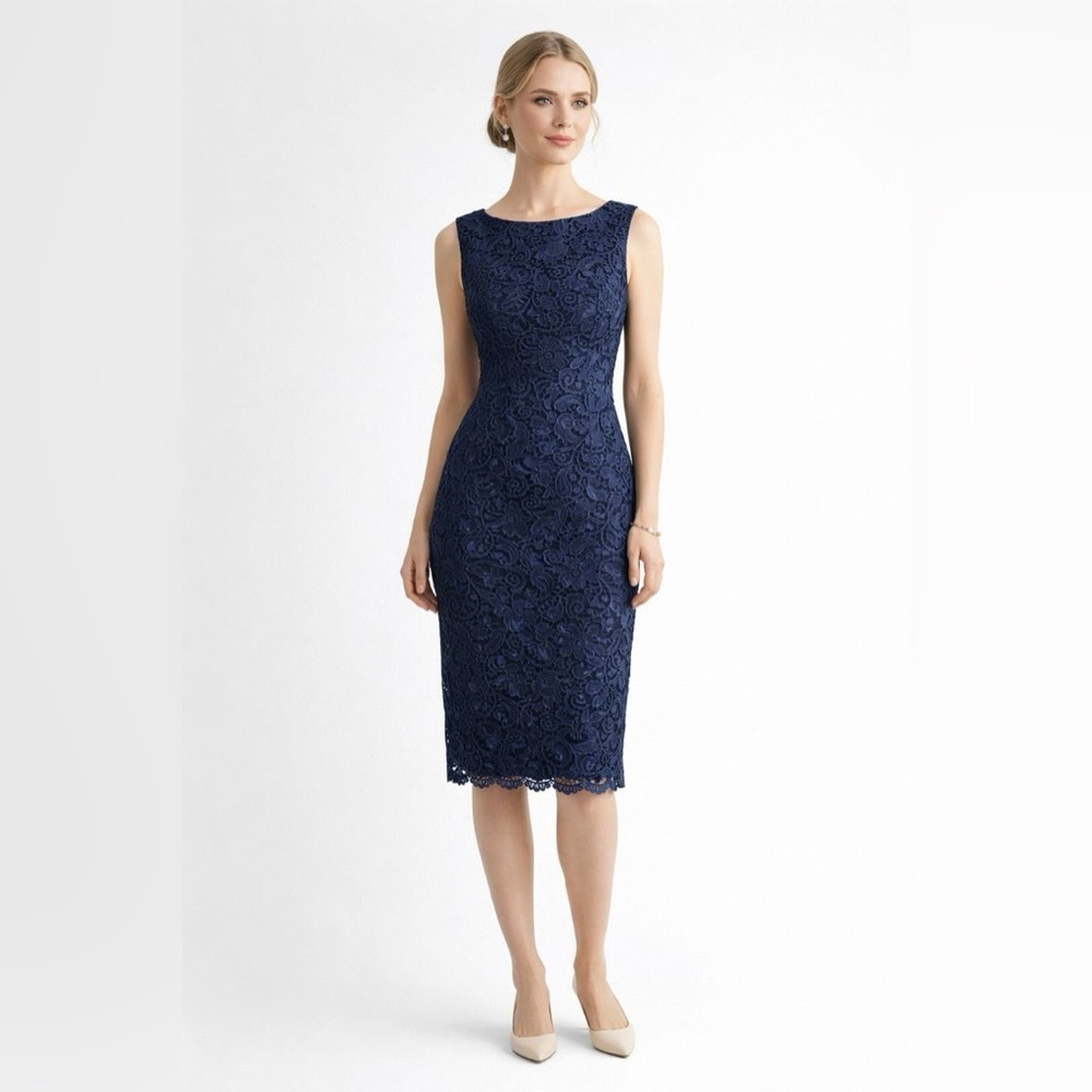 Lauren Ralph Lauren Navy Lace Floral Embroidered Wedding Sheath Dress Carer 4 - Picture 2 of 6